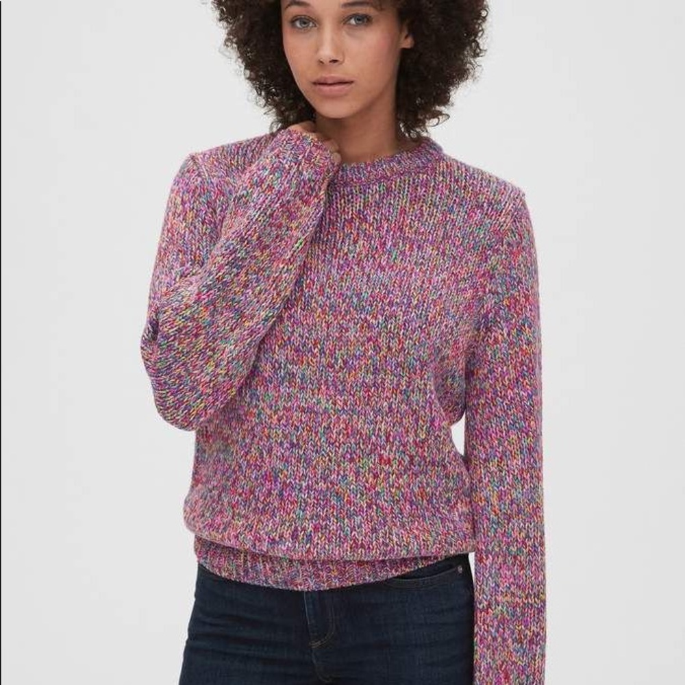 Gap Multicolor Puff Sleeve Marled Pink Multi Crewneck Sweater Size Medium